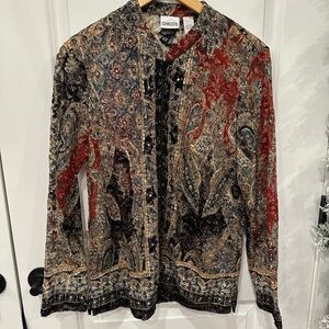 Chico's Lace Gold, Red, and Black Zipper Top